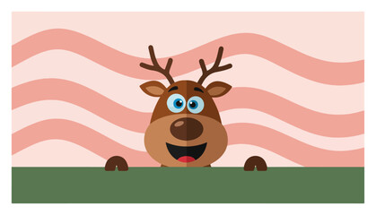 Cartoon Reindeer Peeking – Cute Deer Behind Festive Striped Background Vector Illustration