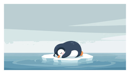 Obraz premium Sleeping Penguin on Ice – Cute Bird Resting on Floating Snow Island Cartoon Vector Illustration