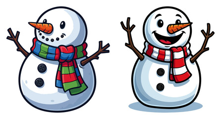 Snowman with Colorful Scarf – Smiling Frosty Character Winter Cartoon Vector Illustration