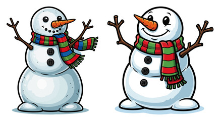 Snowman Characters Set – Three Frosty Figures with Striped Scarves Christmas Cartoon Vector Illustration
