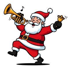 Santa Playing Trumpet and Bell – Musical Father Christmas Marching Cartoon Vector Illustration