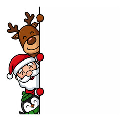 Christmas Characters Peeking Border – Reindeer, Santa and Penguin Vertical Banner Cartoon Vector Illustration