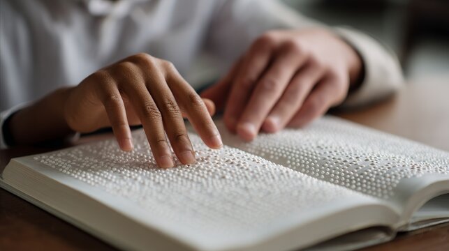 Person's hands delicately tracing braille text on an open book, symbolizing education, accessibility, and learning for the visually impaired.