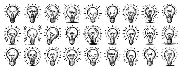 Obraz premium Idea Light Bulb Icons Set – Hand-Drawn Creative Inspiration Sketch Collection Vector Illustration