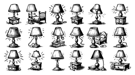 Vintage Table Lamp Icons Set – Hand-Drawn Desk Light Sketch Collection Vector Illustration