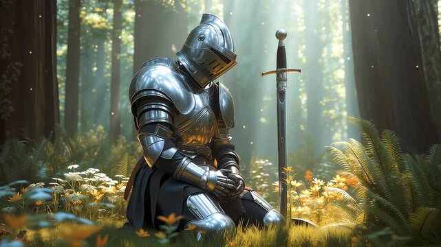 Medieval Knight Kneeling in Enchanted Forest with Sword