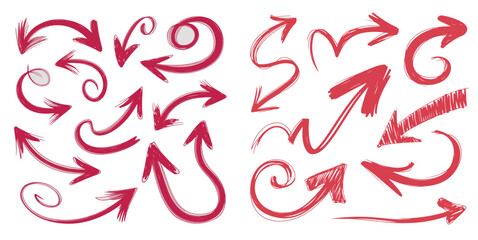 Hand-drawn red arrows set, sketchy crayon texture, dynamic curved and swirly arrows on white background, doodle style marker arrows, artistic direction indicators, isolated vector illustration, playfu