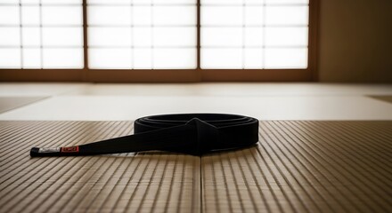 A black martial arts belt resting on a tatami mat in front of a shoji screen in a dojo setting