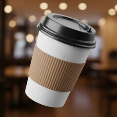 A disposable coffee cup with a black lid and brown sleeve floats in a softly blurred cafe setting