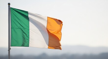 Irish flag waving in the wind against a blurred background  