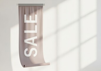 Promotional sale banner hanging in soft light indoors  