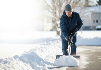 Man shoveling snow on driveway during winter day in residential area  