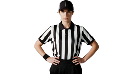 A referee dressed in black and white striped shirt stands with hands on hips, ready for the game.