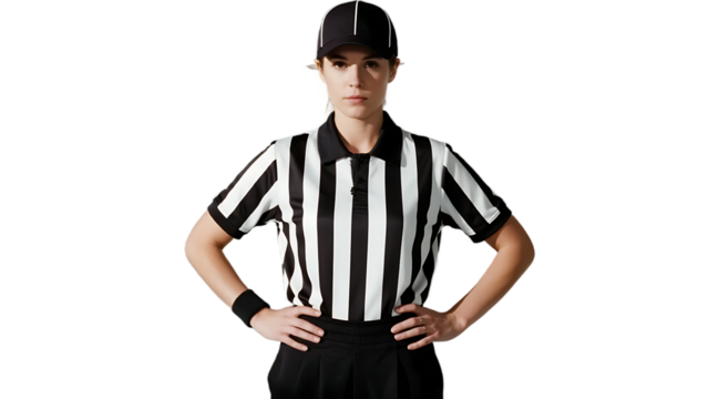 A referee dressed in black and white striped shirt stands with hands on hips, ready for the game.