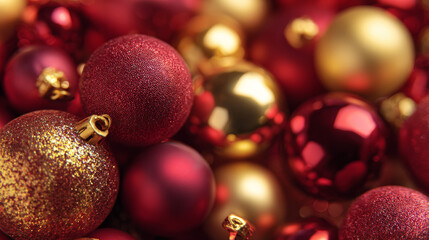Close-up of red and gold Christmas ornaments forming a festive abstract pattern