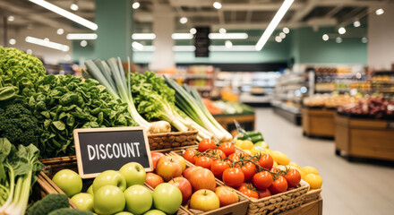 Fresh vegetables and fruits on display with discount signage in supermarket  