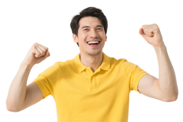 A man in a yellow shirt shows a joyful expression with raised fists, exuding positive energy.