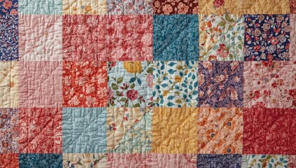 Colorful patchwork fabric, handmade quilt crafted from vintage textured fabric patches