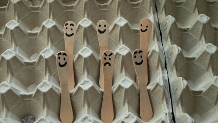 Ice cream sticks with drawn faces in an egg carton.