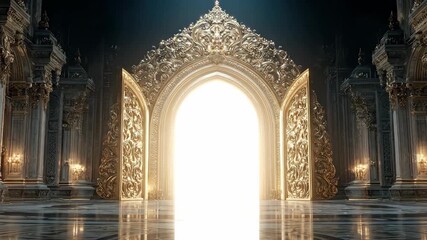 Golden Archway Gate Light Shining Within Ornate Temple Halls At Dawn - Powered by Adobe