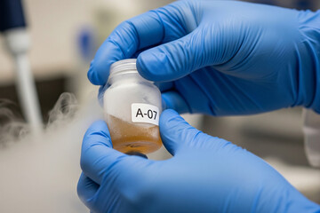 Cellular agriculture development. A food engineer inspects a sterile sample vial labeled A-07, holding amber-colored growth media or serum for advanced bioreactor culture
