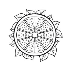 Black and white line art of a citrus fruit slice with leaves arranged in a circular pattern