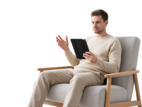A man in casual attire is seated on a chair, using a tablet, likely engaged in a video call or reading content.