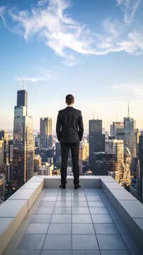 A businessman in a suit looks out over the city skyline, standing on a rooftop with a clear blue sky and scattered clouds, urban landscape