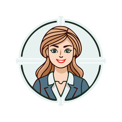 Fototapeta premium Businesswoman smiling avatar illustration in a target scope for professional focus