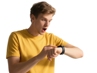 A man in a yellow t-shirt looks surprised while checking his smartwatch, likely for important updates.