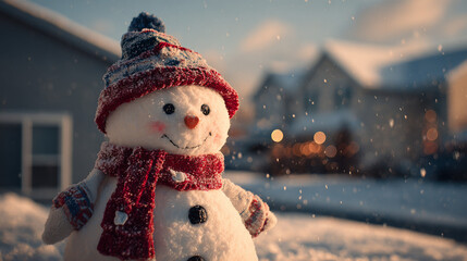 Snowman on a bright Christmas morning in a snowy outdoor landscape
