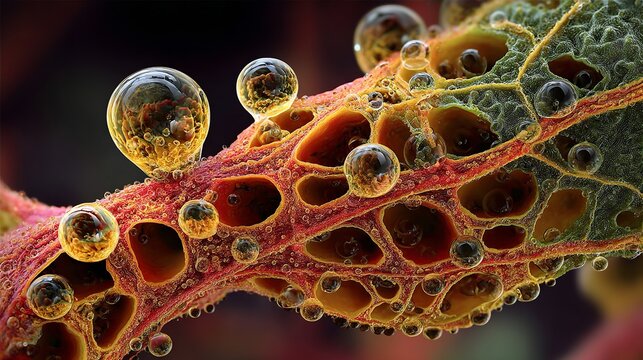 Captivating macro view of cellular structure with vibrant fluid droplets, showcasing microscopic beauty and biological complexity for science and design
