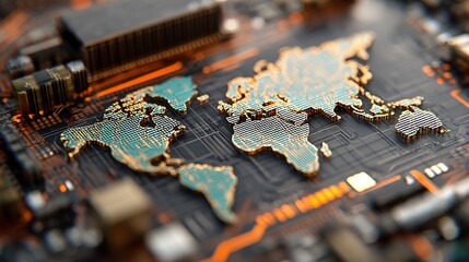 Stunning digital world map integrated into a futuristic circuit board, symbolizing global connectivity and technological advancement.