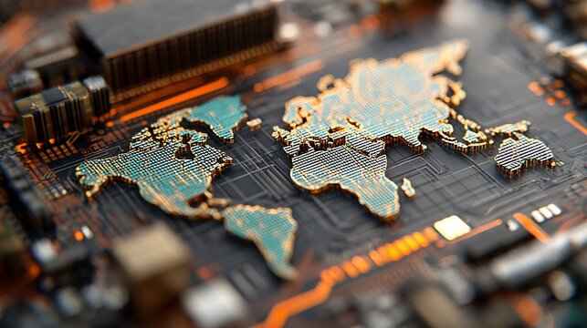 Stunning digital world map integrated into a futuristic circuit board, symbolizing global connectivity and technological advancement.