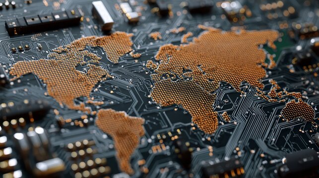 Global digital network connects world continents via intricate circuit board pathways, representing technology and data flow.
