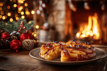Golden French tarte Tatin served by fireplace on festive Christmas table