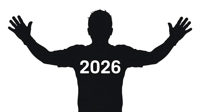 Silhouette of a figure with raised arms, displaying a numerical year, conveying triumph and future aspirations.