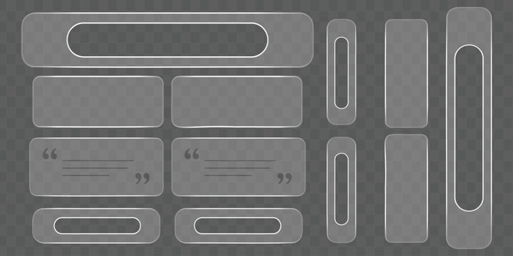 Glass UI design elements, transparent buttons, text boxes, vector design assets