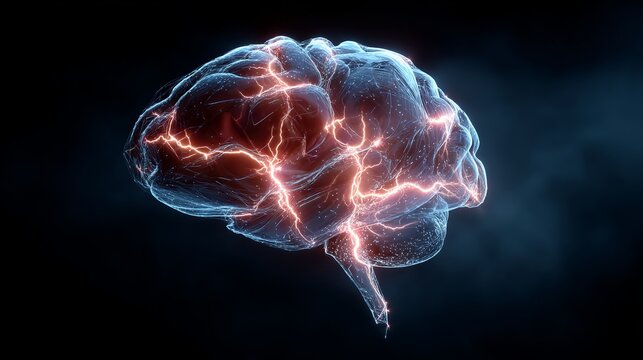 Dynamic neural network visualization with vibrant electrical impulses sparking through a translucent human brain on dark background