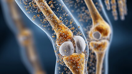 Detailed 3D visualization of a human knee joint showing bone structure with microscopic particles, ideal for medical science and health education content