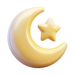 Golden crescent moon with star eid mubarak symbol islamic icon isolated on high quality 3d rendering icon