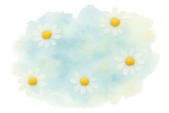 Watercolor blue white daisy flower frame with abstract splash shape, drawing springtime nature background
