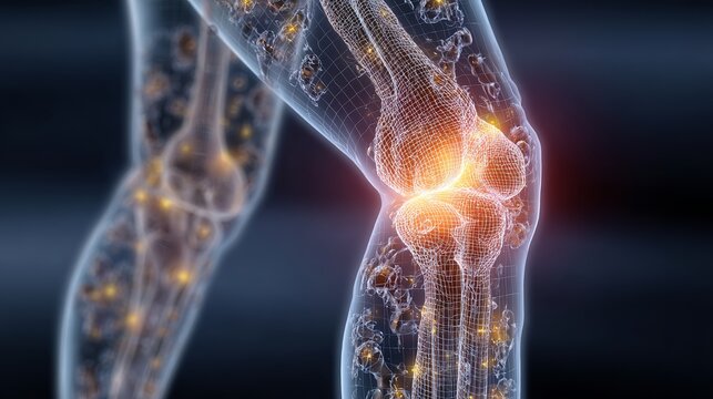 Dynamic 3D medical visualization of glowing knee joint showing intricate bone structure and cellular activity for innovative healthcare concepts