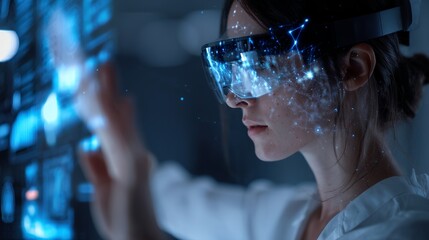 Young woman wearing augmented reality headset interacting with futuristic digital interface, exploring virtual data streams and advanced technology