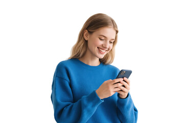 A young woman in a blue sweater is happily using her mobile phone, engaged in digital communication.