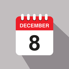 8 december calendar date icon. vector illustration with shadow design