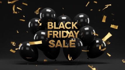 Black Friday sale with floating black balloons and gold confetti