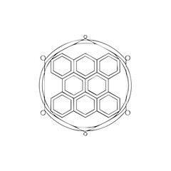 Obraz premium Geometric hexagonal honeycomb pattern within a circle and decorative elements.