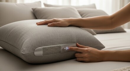 Hand adjusting smart pillow with control panel on soft sofa  