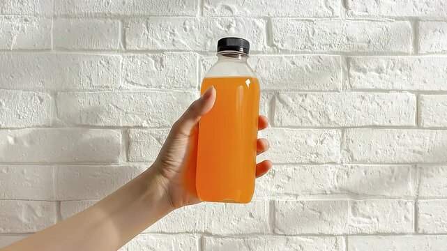 A close-up shot captures a hand holding a clear plastic bottle filled with a vibrant orange liquid against a textured white brick wall background. The simple, clean aesthetic emphasizes natural refres